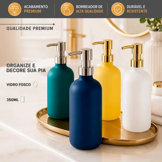 Dispenser Porta Sabonete Líquido Vidro Fosco 350ml Pump Banheiro Lavabo Cozinha