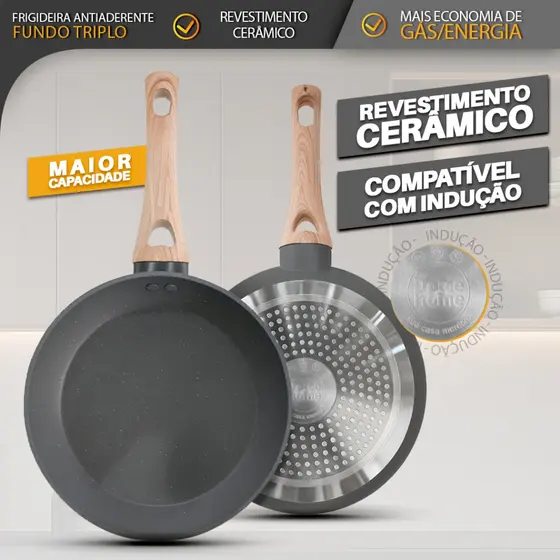 Frigideira Antiaderente Fundo Triplo 20,5cm Revestimento Cerâmica Indução Cinza - Bhz Store