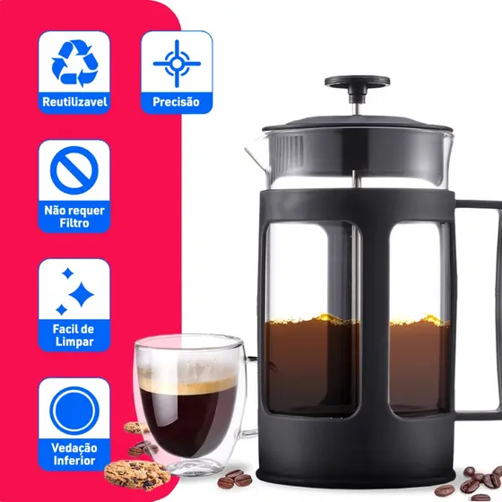 Cafeteira De Prensa Francesa 600ml Manual Premium Filtro Inox Café Chá Espumador de Leite