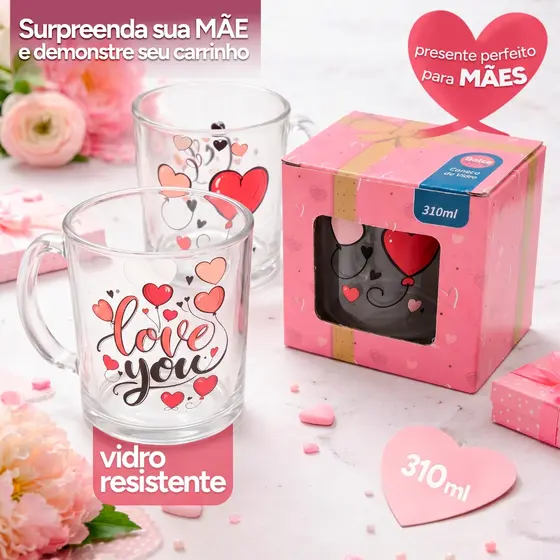 Caneca Presente Dia das Mães Vidro 310ml com Caixa Embalagem Lembrancinha Mãe Avó Sogra