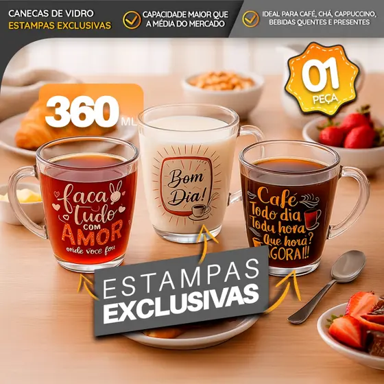 Caneca de Vidro 360ml Presente Ideal Com Estampas Exclusivas Para Café e Chá