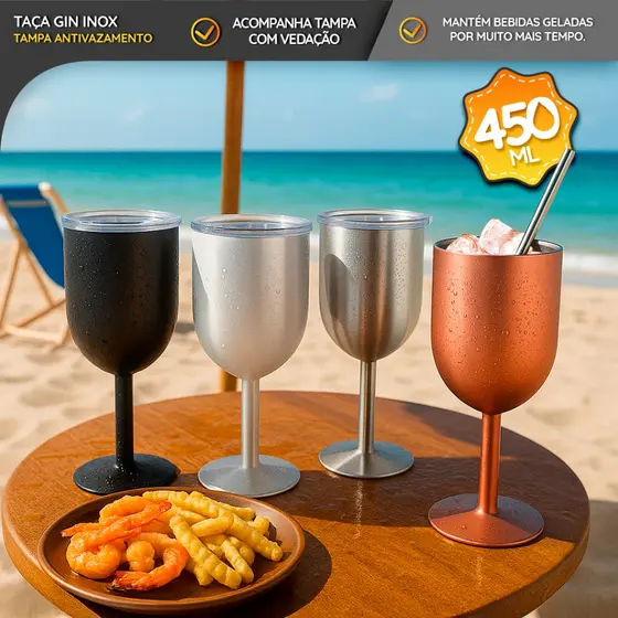Taça Térmica 450ml  para Gin, Vinhos e Drinks –  Parede Dupla Aço Inox com Tampa Antivazamento