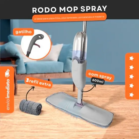 Mop Spray com 3 Refil Extra | Rodo Mágico 600ml com Gatilho e Base 360° Cinza