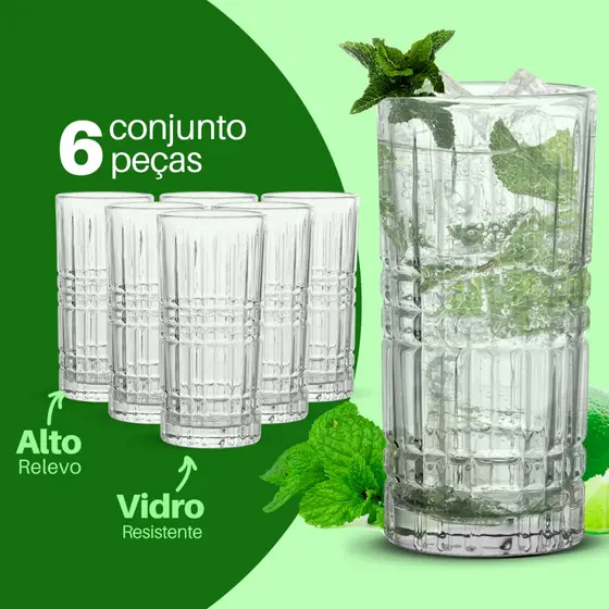 Conjunto 6 Copos Vega de Vidro 360ml Sucos, Água e Drinks Design Lapidado e Brilho Premium