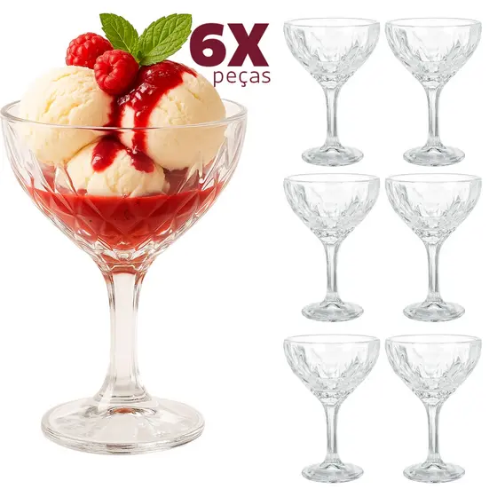 Conjunto 6 Taças de Vidro Reforçado 250 ml Para Sorvetes, Mousses, Sobremesas e Frutas