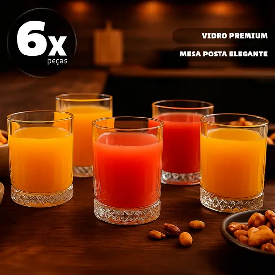 Conjunto 6 Peças Copo De Vidro Slam 380ml com Base Decorada | Ideal para Drinks e Sucos