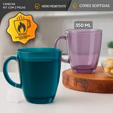 Kit 2 Canecas de Vidro Coloridas 350ml – Suco, Café, Chá, Cappuccino Alta Resistência Cores Sortidas