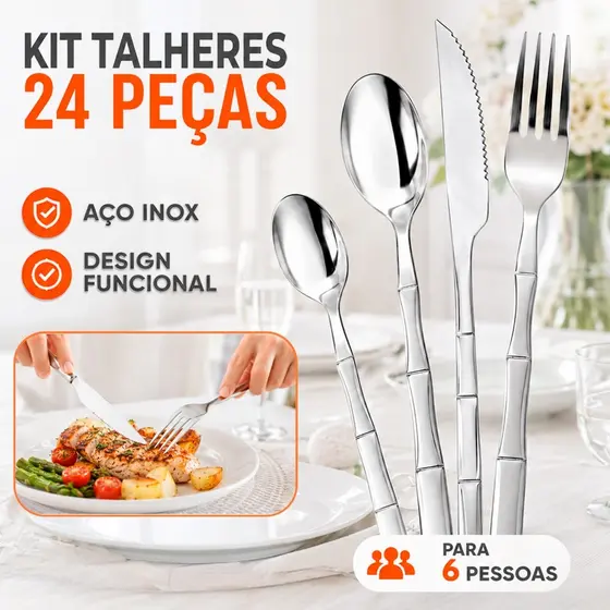 Jogo de Talheres em Aço Inox 24 Peças Completo Colher, Garfo, Faca, Colher de Sobremesa