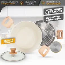 Caçarola Panela 2,4L Antiaderente Fundo Triplo com Tampa de Vidro – Cabo Efeito Madeira