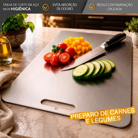 Tábua de Corte Inox 46x30 cm para Cozinha Antimofo e Antibacteriano para Carne e Legumes Grande