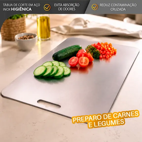 Tábua de Corte Inox 34x26 cm para Cozinha Antimofo e Antibacteriano para Carne e Legumes