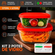 Kit 2 Potes de Vidro 370ML/670ML Com Tampa Vedação Total - Ideal para Geladeira e Marmita