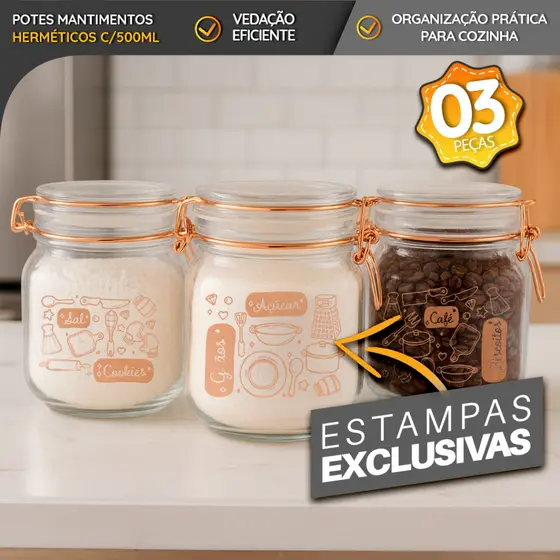 Kit 3 Potes Mantimentos Herméticos 500ml Vidro Transparente com Trava – Armazenamento e Mantimentos