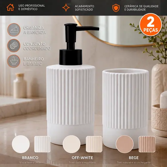 Kit Banheiro Lavabo Completo Porta Sabonete Liquido Porta Escova de Dente Cerâmica Premium Canelado