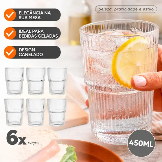 Jogo de Copos Baltic 6 Peças 450ml Vidro Canelado Para Suco Agua Drinks