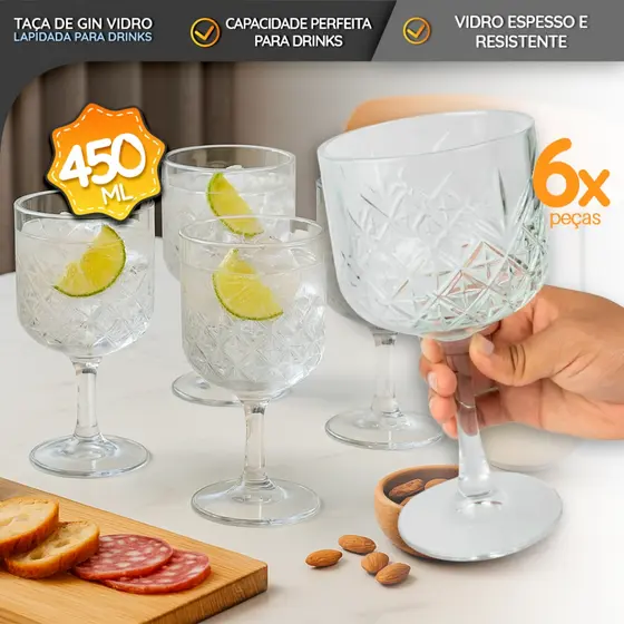Taça de Vidro 450ml Lapidada para Drinks Vidro Premium – Coquetéis, Gin e Drinks Sofisticados