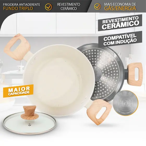 Caçarola Panela 4,3L Antiaderente Fundo Triplo com Tampa de Vidro – Cabo Madeira