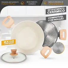 Caçarola Panela 4,3L Antiaderente Fundo Triplo com Tampa de Vidro – Cabo Madeira