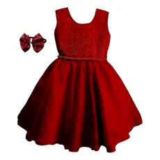 Vestido Luxo Infantil Meninas Festa Natal Vermelho Formatura com Tiara