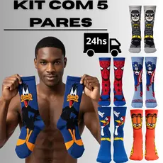Kit 5 Par Meia Cano Alto Algodão Temática Desenhos Personagens Divertida Maluca Unissex Academia