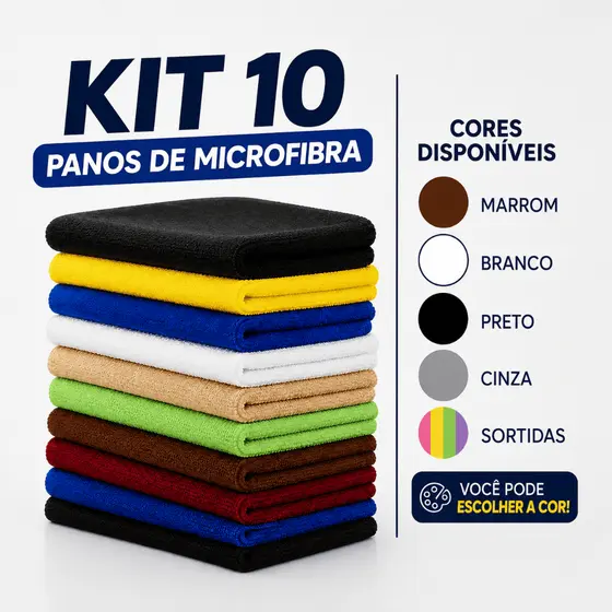 Kit 10 Panos de Microfibra Limpeza Multiuso Alta Absorção Não Solta Fiapos Para Carro Vidros Janelas