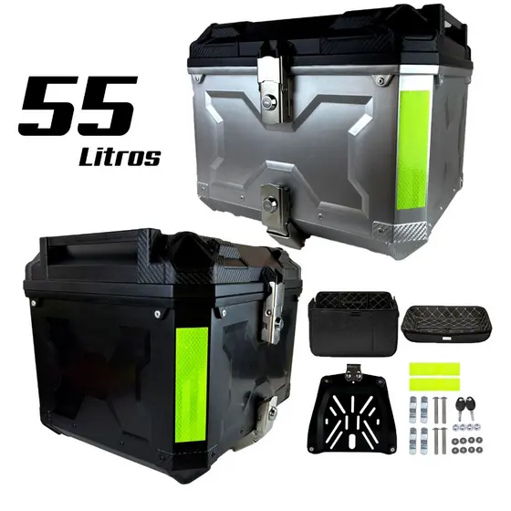Baú Bauleto Moto 55 litros Universal Com Base de Ferro Kit Fixação forro e Trava Anti Roubo Completo