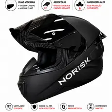 Capacete Moto Norisk Razor Black Edition Preto Fosco 2 Viseiras Fume Cristal + Aerofolio Narigueira