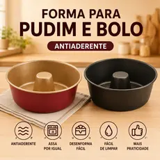 Forma de Bolo Antiaderente Assadeira Redonda com Furo 3 Tamanhos Preta ou Cereja
