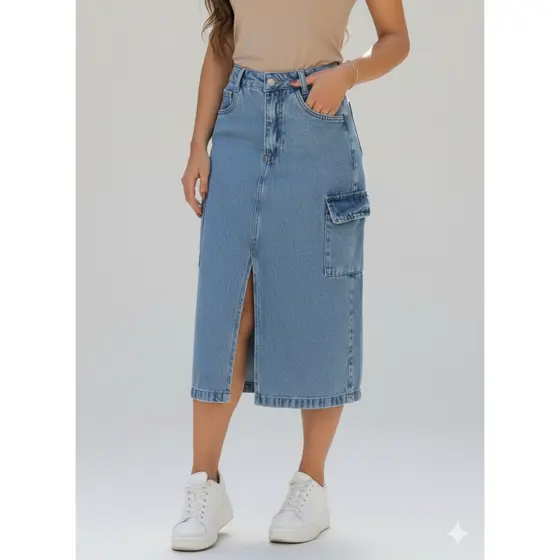 Saia Midi Cargo Jeans Feminina Cintura Alta Botão de Ferro