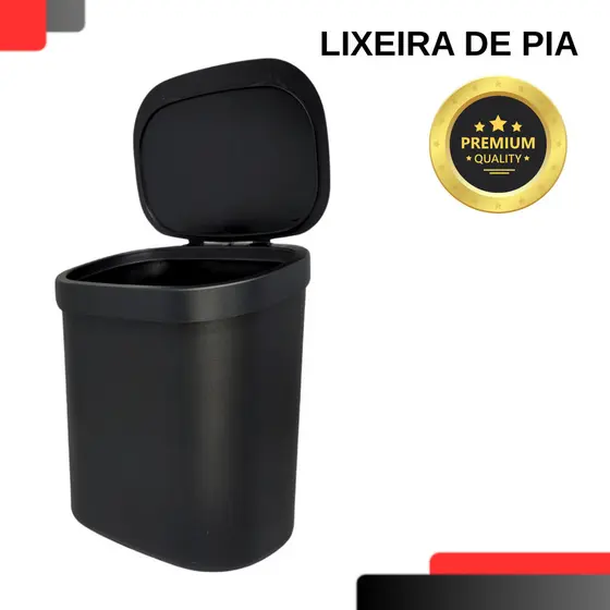 Lixeira de Pia 3,5L Cozinha Com Tampa em 90 graus Preta