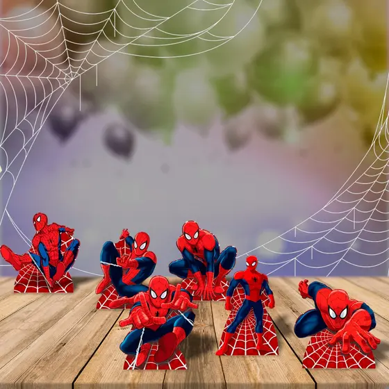 Kit com 6 Totens de Mesa Homem Aranha em MDF para Decoração de Festa Temática Infantil