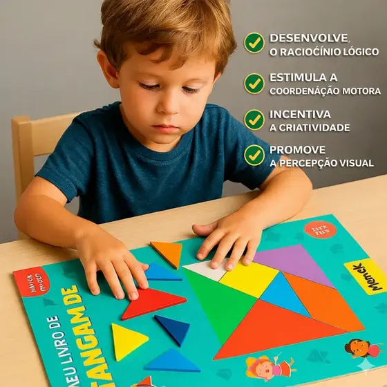 Tangram Educativo Infantil + Livro Interativo Com Pecas MDF Jogo Raciocinio Logico Formas Geometricas Didatico Criativo