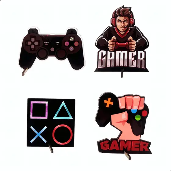 Kit com 4 Displays de Mesa Gamer em MDF com Suporte para Decoração de Festa Temática de Video Game