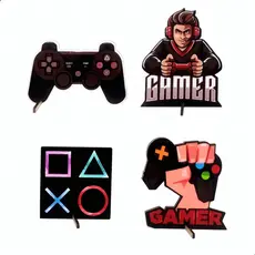 Kit com 4 Displays de Mesa Gamer em MDF com Suporte para Decoração de Festa Temática de Video Game