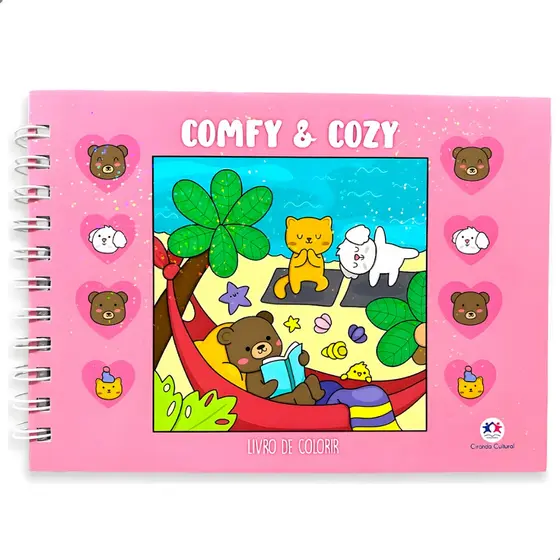 Livro de Colorir Infantil Comfy & Cozy 96 Páginas Capa Dura Rosa Espiral Criativo Educativo Portátil Ciranda
