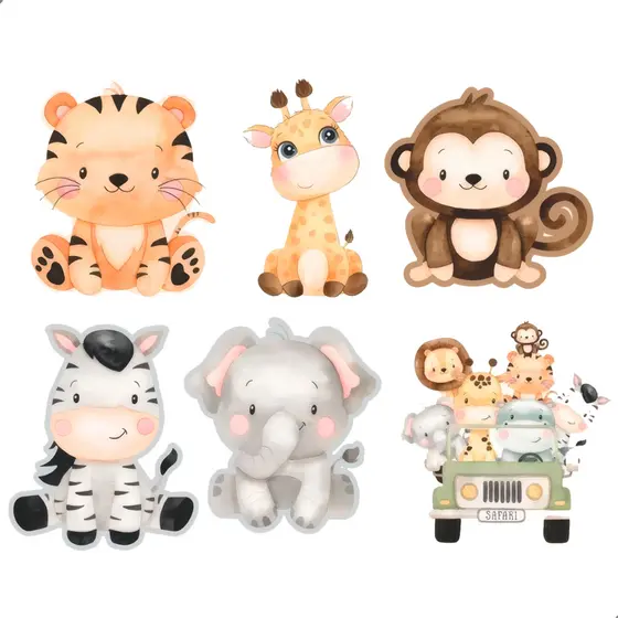 Kit Display Safari Baby MDF 18cm com Suporte Festa Infantil Animais Carrinho Selva Decoração Mesa