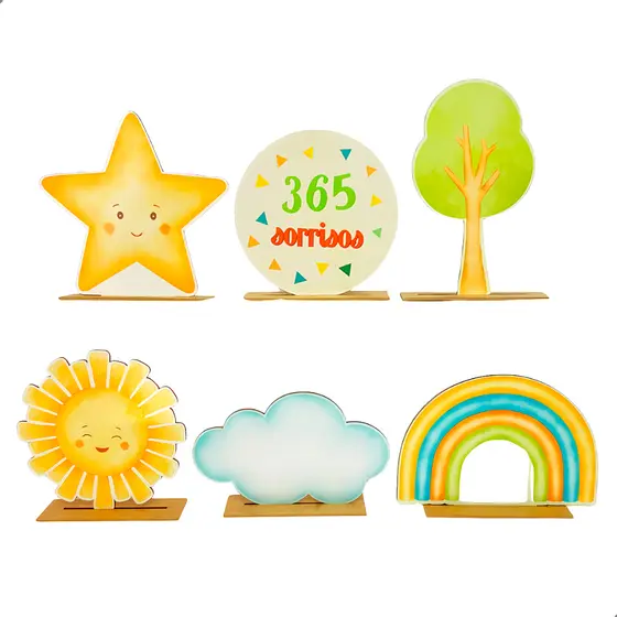 Kit Display MDF 365 Sorrisos 18cm Festa Infantil Mesa Decoração Sol Nuvem Estrela Arco Íris Árvore