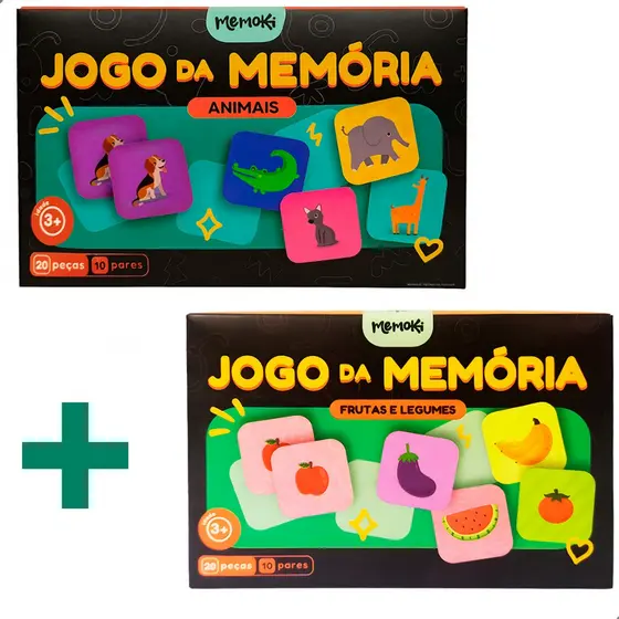 Jogo da Memória Infantil MDF Kit Animais e Frutas Natureza Divertida 2 Jogos 20 Peças Cada Educativo e Lúdico