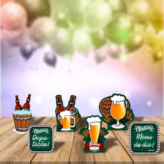 Kit com 6 Displays de Mesa em MDF Tema Boteco para Decoração de Festa de Aniversário ou Bar