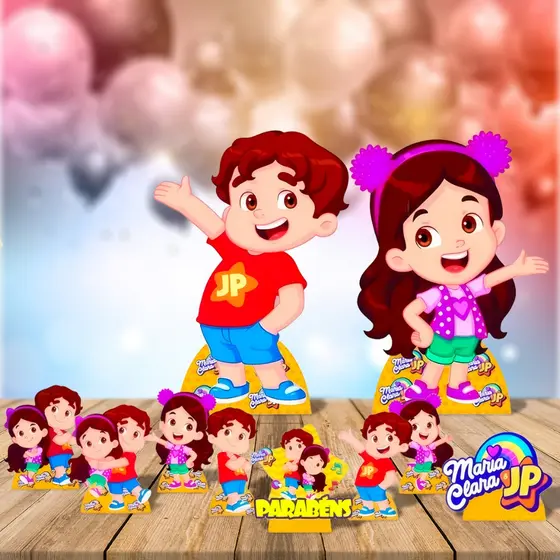 Kit com 10 Displays MDF Maria Clara e JP para Festa Infantil com 8 de Mesa e 2 de Chão