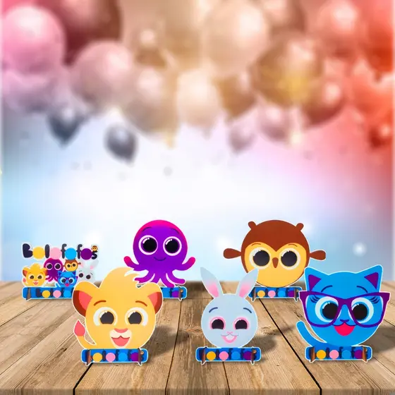 Kit com 6 Totens de Mesa em MDF Adesivado Tema Bolofofo para Decoração de Festa Infantil e Aniversário