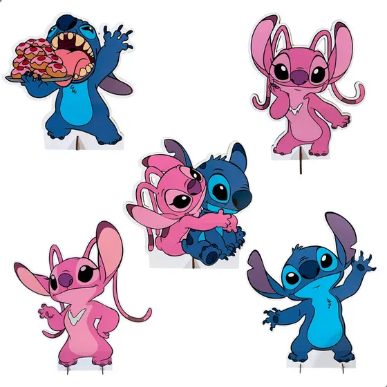 Kit Festa Stitch e Angel MDF 5 Displays 20cm Rosa e Azul Decoração de Mesa Aniversário Infantil
