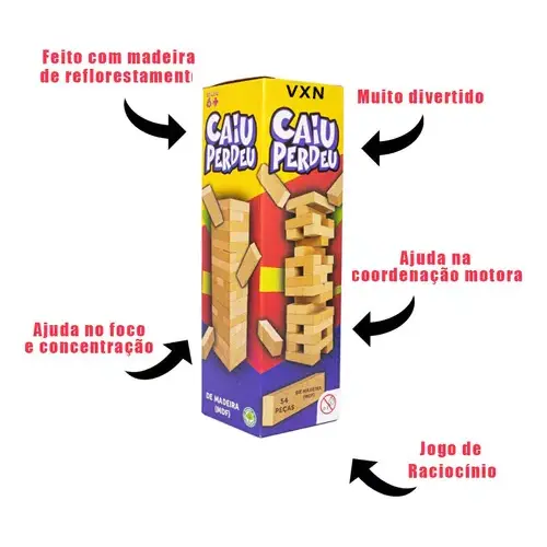 Jogo De Tabuleiro Caiu Perdeu Torre De Madeira MDF 54 Pecas Brinquedo Pedagogico Estrategia E Coordenacao Motora