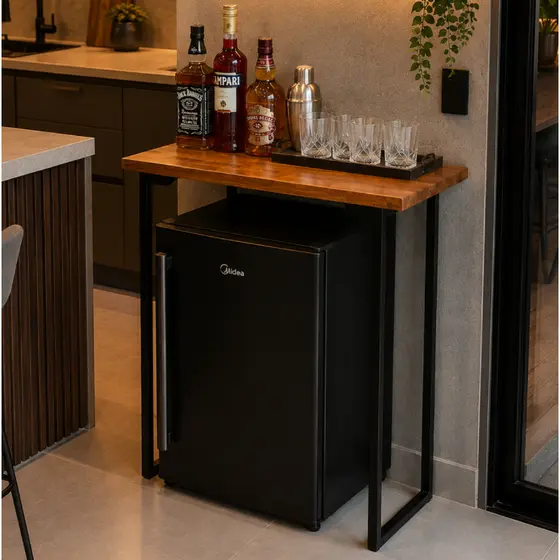Aparador Barzinho Bar Frigobar Compacto Multiuso Madeira Maciça Pés em Ferro Industrial Moderno Promoção