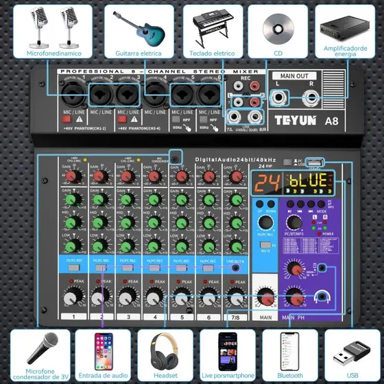 TEYUN 8 Canais Mesa De Som Profissional Mixers Som Mixagem Console Entrada do Computador 48V Número de Potência Para DJ