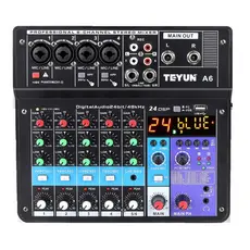 TEYUN Mesa De Som A6 6 Canais Com 24DSP Bluetooth Mixer De áudio Profissional 48V Phantom entrada USB para PC Bivolt