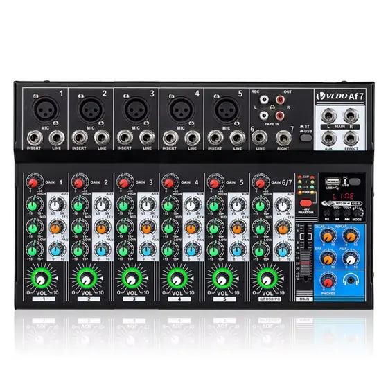 VEDO Mesa de som 7/4 Canais AF7/AF4 Mixer Com Placa de som integrada Bluetooth/48V Phantom Power/PAN/AUX/MP3 USB Player