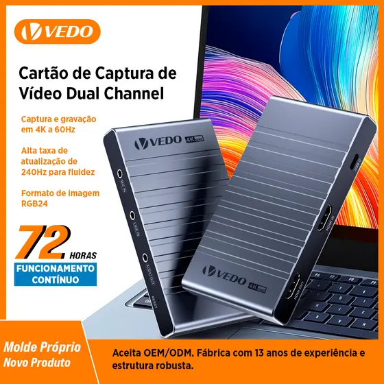 VEDO Placa De Captura De Vídeo Canal Duplo 4K 60Hz Para Transmissão Ao Vivo Streaming e Podcasting Para PS5 Xbox Celular