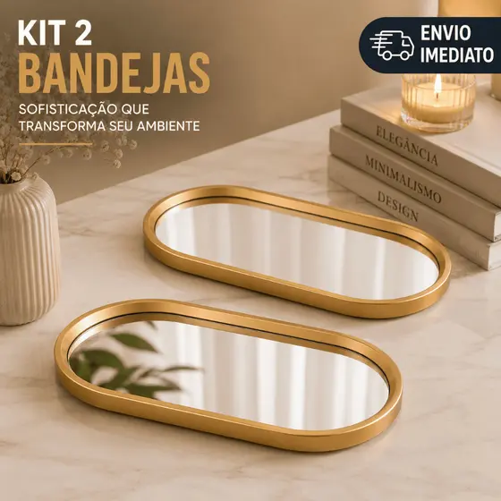 Kit 2 Bandejas Decorativas Douradas Espelhadas para Banheiro Lavabo Penteadeira Porta Joias Perfumes