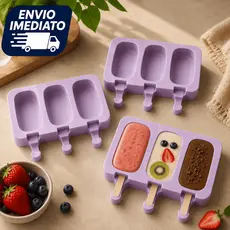 KIT 3 Molde Forma Picolé Silicone com Tampa + 150 Palitos Sorvete